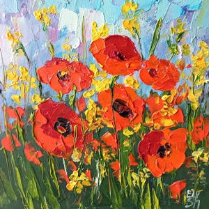 Poppy painting Flowers Original art Poppies wall art Floral painting 8/8 inches by GreatElvPainting