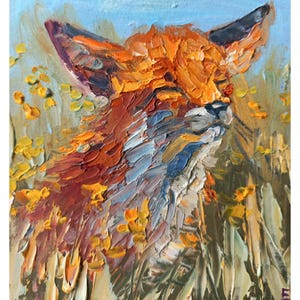 Fox painting Animal Original art Small artwork Impasto painting 6/6 inches by GreatElvPainting
