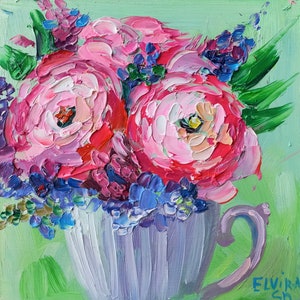 Pink Roses painting Impasto Original art Flowers wall art Home decor  Small artwork 6/6 inches by GreatElvPainting