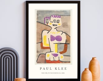 May include: A framed print of a painting by Paul Klee titled "The Girl in the North (ca. 1939)". The painting depicts a stylized figure with purple hair, yellow and purple clothing, and a brown background.