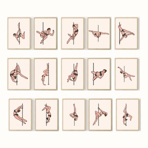 Op de afbeelding: Een set van 12 printbare illustraties met een persoon die verschillende pole dance-bewegingen uitvoert. De illustraties zijn in een minimalistische stijl met een lichtroze achtergrond en een bruin kader.