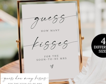 Guess How Many Kisses For The Mrs Sign, Minimalist Bridal Shower Game Template, Modern Printable Fun Wedding Game, Editable Engagement Game