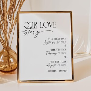 私たちのラブストーリーサインテンプレート、初日、イエスの日、最高の日、ミニマリストウェディングサイン印刷可能、カップルタイムラインサイン、私たちのラブストーリーカード