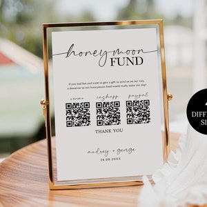 Huwelijksreisfonds QR-codetekensjabloon, minimalistisch bord met contant geld huwelijkscadeau, aangepast bord huwelijksreis, geld huwelijkscadeau huwelijksreis Qr-codeteken