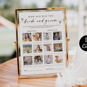 Modèle de jeu Quel âge avaient les jeunes mariés, jeu de douche nuptiale pour couples, jeu de devinettes sur l'âge, carte de jeu de devinettes photo minimaliste pour bébé