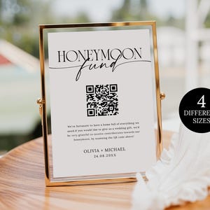 Placa de código QR para presente de casamento em dinheiro, modelo de placa de código QR para fundo de lua de mel, placa minimalista para presente de casamento em dinheiro, placa personalizada para lua de mel