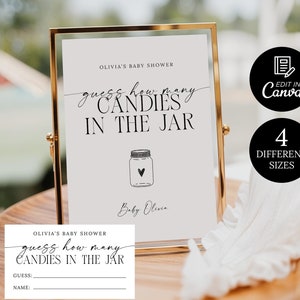 Devinez combien il y a de bonbons dans le pot, Devinez combien de bonbons signe et modèle de carte, jeu de baby shower minimaliste sur toile imprimable