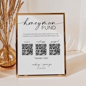 Szablon znaku kodu QR dla funduszu miesiąca miodowego, minimalistyczny znak prezentu gotówkowego na ślub, niestandardowy znak miesiąca miodowego, znak kodu QR dla prezentu gotówkowego na ślub miesiąca miodowego