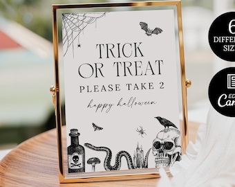 ヴィンテージハロウィン「トリック・オア・トリート」ギフトサインテンプレート、ドアに貼るキャンディ「Please Take Two」サイン、印刷可能なハロウィン「Please Take Two」テーブルサイン（Canva）