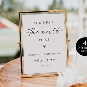 You Mean the World To Us, minimalistisch bruiloftsbol gastenboek alternatief, teken ons globe gastenboekbord, globe gastenboekbord canvasdoek