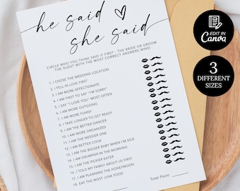 He Said She Said Bridal Shower Game Template, Minimalist Wedding Game, Bride or Groom Game, He Said She Said Game, Editable Wedding Games