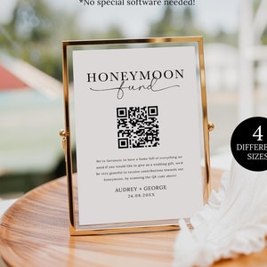Plantilla de letrero con código QR para fondo de luna de miel, letrero minimalista con regalo en efectivo para boda, letrero personalizado para luna de miel, letrero con código QR para regalo en efectivo para boda y luna de miel.