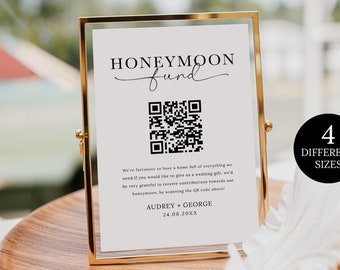 Modèle de signe QR Code de fonds de lune de miel, signe de cadeau en espèces de mariage minimaliste, signe de lune de miel personnalisé, signe de code QR de cadeau de mariage en espèces lune de miel