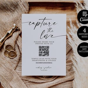 QR Code Wedding Photo Card & Sign, Minimalist Scan and Share, Modern Share The Love QR Code Wedding Photos Card and Sign Template Canva