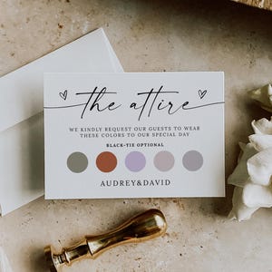 Modelo de cartão para traje de casamento, cartão com o código de vestimenta dos convidados, cartão para inserir o código de vestimenta, paleta de cores minimalista para casamento, cartão com detalhes do casamento