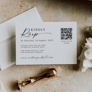 QR-code RSVP-kaartsjabloon, bewerkbare afdrukbare bruiloft RSVP, online RSVP-kaartsjabloon, moderne RSVP-sjabloon, minimalistische RSVP-briefkaart
