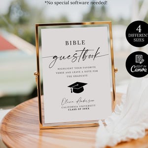 May include: A gold-framed Bible guestbook with elegant script and a graduation cap icon. The text reads "Highlight your favorite verse and leave a note for the graduate." Includes the text "Edit in Canva" and "4 Different Sizes."