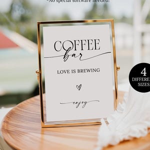 Skylt för kaffebar, skylt för kärleken, utskrivbar minimalistisk skylt för bröllopskaffebar, modern skylt och kortmall för brudduschskaffebar