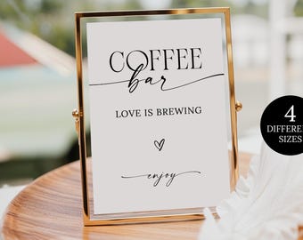 Coffee Bar Sign, Love is Brewing Sign, Minimalist Wedding Coffee Bar Sign Printable, Modern Bridal Shower Coffee Bar Sign and Card Template