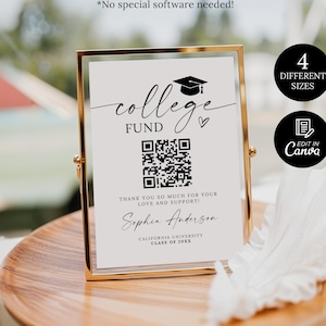 May include: A gold framed sign with the words "college fund" and a QR code. The sign also includes the text "Thank you so much for your love and support!" and "Sophia Anderson". The sign is on a wooden tray.