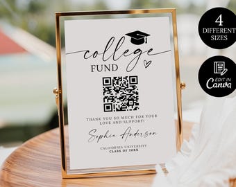 College Fund-teken, QR-codebord afstuderen afdrukbaar, QR-code afstuderengeldfonds, afstuderen Venmo-bordsjabloon, tip het afgestudeerde teken