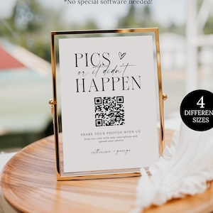 May include: A gold-framed sign with the text "PICS or it didn't HAPPEN" and a QR code. The sign is on a wooden tray with a white feather. A black circle with "4 DIFFERENT SIZES" is also visible.