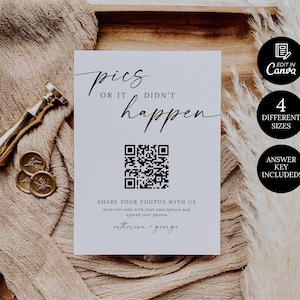 Tarjeta y letrero "Fotos o no sucedió", plantilla de tarjeta y letrero con fotos de boda, tarjeta para compartir fotos, código QR minimalista para compartir el amor