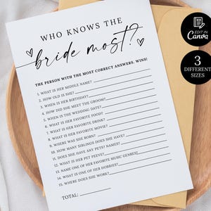 Who knows the Bride the Most Game, Script Bridal Shower Game, How well do you know the Bride, Minimalist Wedding Game, Bridal Shower Game