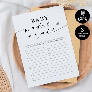 Baby Name Race Game Template, A-Z Printable Baby Shower Activity, Alphabet Baby Name Game Printable, Printable Baby Shower Game Canva
