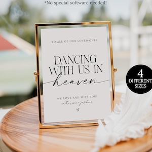 Letrero "Bailando con nosotros en el cielo", letrero "En memoria de nosotros" para boda, plantilla para letrero de mesa de recuerdos, plantilla para letrero de boda "Ser querido en el cielo"