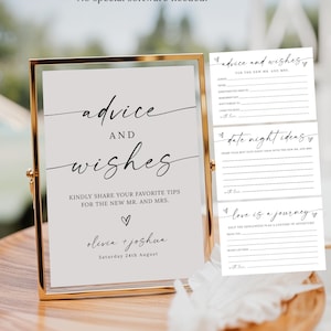 以下が含まれることがあります： 「advice and wishes」と書かれたエレガントな筆記体の金色のフレームのサイン。下には「Kindly share your favorite tips for the new Mr. and Mrs.」と書かれています。追加のカードには、アドバイス、デートのアイデア、冒険の人生のためのプロンプトが用意されています。
