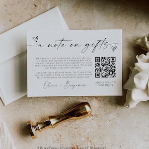 A Note on Gifts Card Template, Wedding Gift Note Card, Honeymoon Fund Card, Wedding Cash Gift QR Code Card, Honeymoon Wish Card Printable