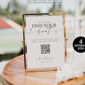 QRコード付きウェディング席次表サイン、モダンなデジタル席次表プランサイン、テーブルプランQRコードスキャン可能サイン、ウェディングテーブル検索サイン