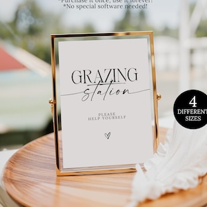 ミニマリストなグラジングテーブルサインテンプレート、グラジングステーションサイン、ウェディングフードサイン、ウェディングスナックサイン、前菜パーティーサイン、フードテーブルサイン