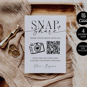 Scheda con codice QR per foto di matrimonio, cartello con codice QR "Scatta e condividi", biglietto per addio al nubilato, condividi l'amore, scheda con scansione e condivisione di foto, poster con foto per feste