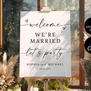 We zijn getrouwd, Lets Party-bord, minimalistisch welkomstbord, leuk welkomstbord voor bruiloft, bewerkbaar, modern welkomstbord verlovingsfeest afdrukbaar