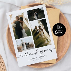 Carte de remerciement avec photo de mariage minimaliste, modèle de carte de remerciement photo moderne, carte de remerciement pour la douche nuptiale, carte de remerciement de mariage moderne