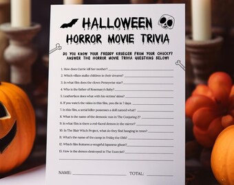 Scary Movie Quiz Template, Halloween Horror Movie Trivia Game, Halloween Game Printable, Halloween Party Game Ideas, Horror Movie Quiz Canva