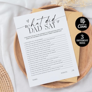 What Did the Dad Say Game Template, What Did Daddy Say, Baby Shower Trivia Game, Baby Shower Questions for Dad, Baby Shower Game Printable