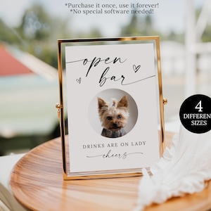 Open Bar Dog Sign for Bridal Shower, Pet Photo Drink Sign Wedding, Funny Open Bar Dog Sign Template, Pet Party Favor Wedding Sign Template