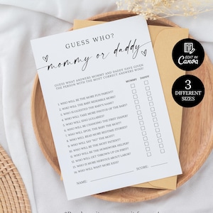 Guess Who Mommy or Daddy Game Template, Baby Shower Party Game, Guess Who Baby Shower Game, Minimalist Baby Shower Questions Game Printable