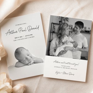 Carte postale minimaliste de naissance de bébé, faire-part de naissance moderne sur toile, carte d'anniversaire de bébé, carte de nouveau-né, carte de remerciement modifiable de naissance de bébé