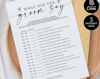 What Did the Groom Say Game, Bridal Shower Games Groom Say, Bachelorette Shower Game, Printable He Said Game, Wedding Games Groom Say Canva