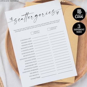 Juego Scattergories imprimible, juegos minimalistas para despedidas de soltera, plantilla moderna para el juego Scattergories para despedidas de soltera, tarjeta para el juego Scattergories