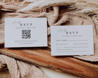 Plantilla minimalista para tarjetas RSVP de boda, plantilla de tarjeta RSVP bohemia, RSVP imprimible para despedida de soltera moderna, juego de tarjetas de respuesta con código QR simple