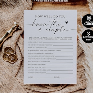 How Well Do You Know The Couple Game, Minimalist Wedding Shower Couples Quiz Game, Modern Bridal Shower Couples Trivia Game, The Couple Game