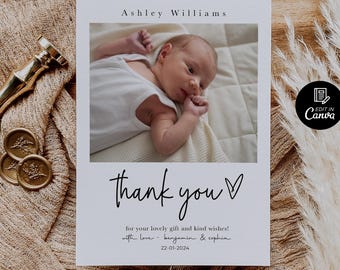 Newborn Birth Announcement Thank You Card Template, Custom Baby Photo Name Design, Printable Birth Postcard for Family, Instant Download