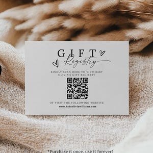 Tarjeta de registro de regalos para bebés con código QR, invitación minimalista para baby shower, tarjeta imprimible con código QR.
