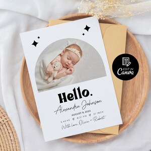 Bonjour modèle de faire-part de naissance bébé, carte de naissance photo imprimable, faire-part de naissance photo minimaliste modifiable, téléchargement immédiat