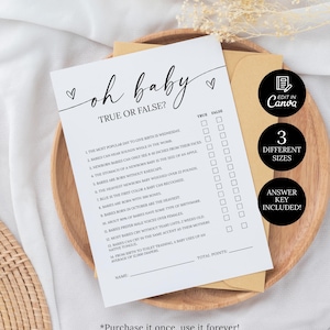 Baby Shower Game True or False Printable, Oh Baby True or False Template, Minimalist Baby Shower Party Game, Baby Trivia Game Questions 3501